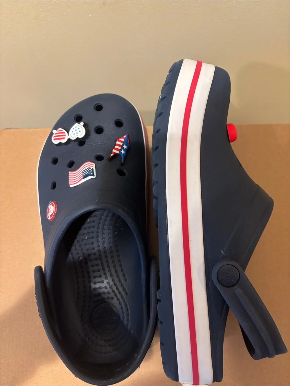 Kids Navy Slip-On Clogs with Patriotic Charms gently used